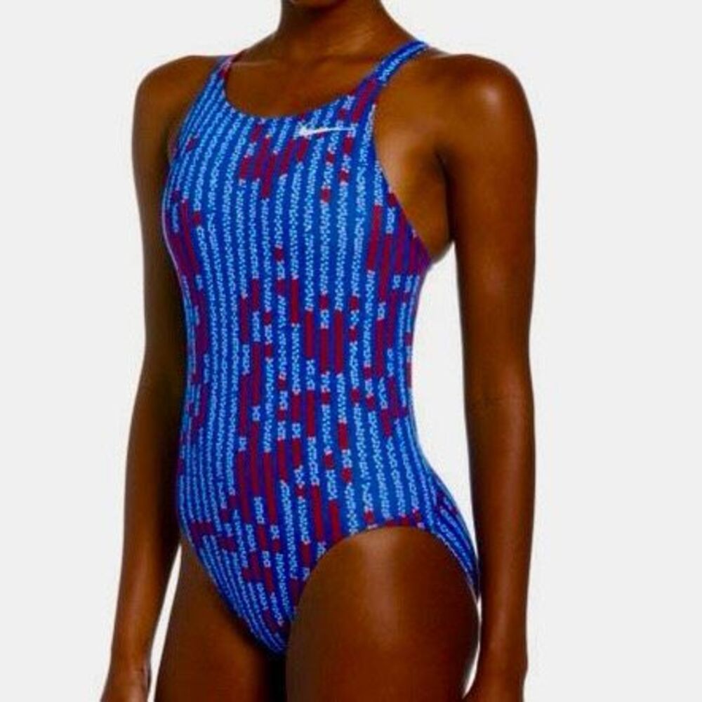 Nike Women’s One-Piece Swimsuit in Blue and Purple with Red Accent